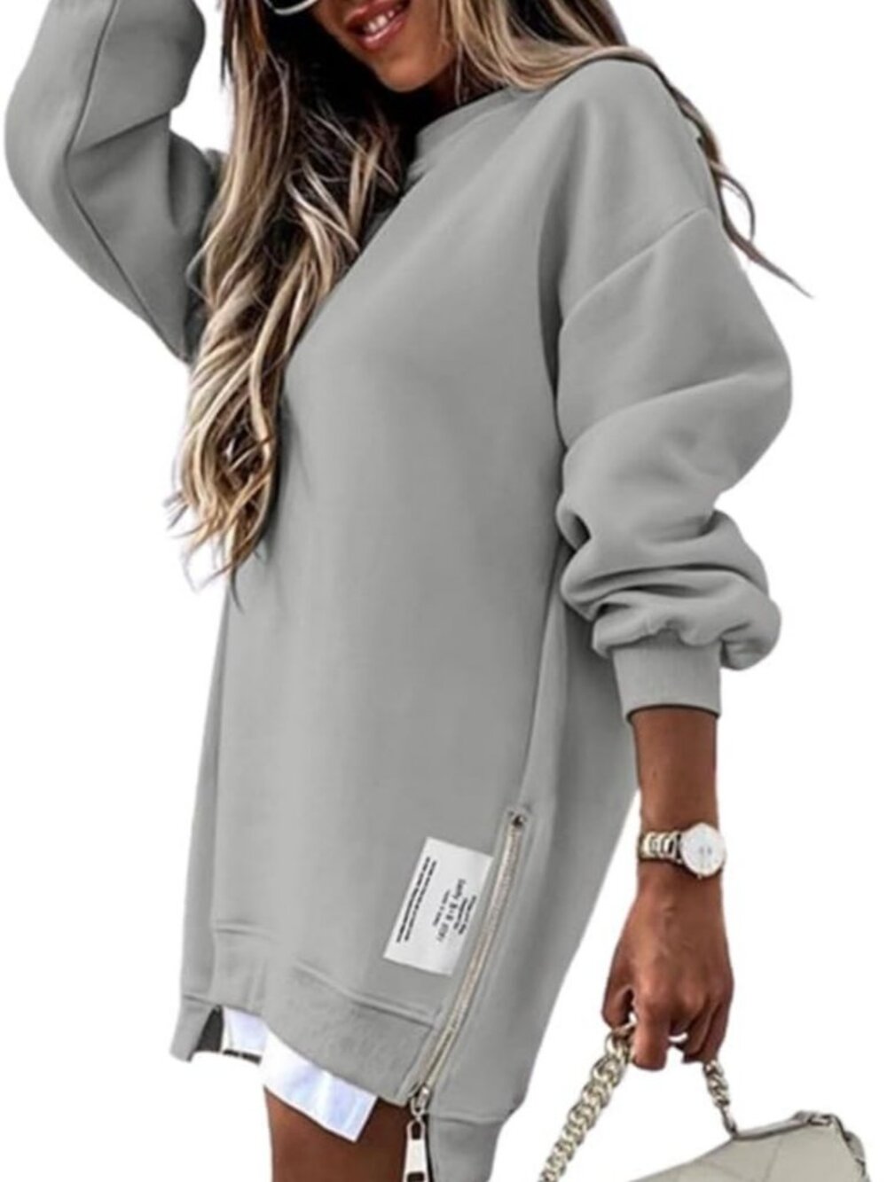 Chic Oversized Crewneck Sweatshirt with Side Zipper Slit - Cozy Pullover Top